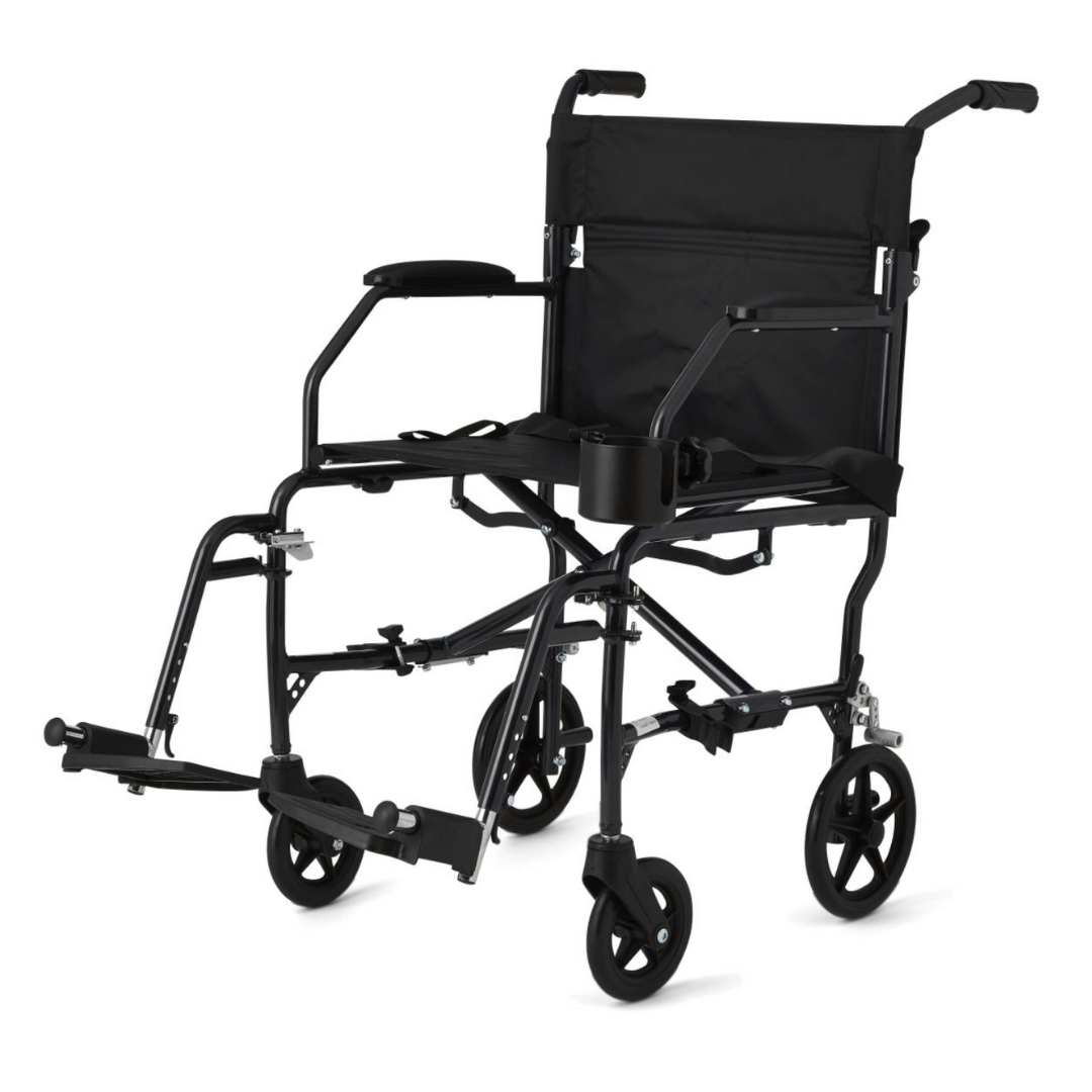 The Medline Ultralight Transport Chair, weighing only 15 lbs, features a durable aluminum frame with four small wheels, cushioned seat and backrest, flip-up armrests, footrests, foldable design, and a side cup holder for easy maneuverability and travel convenience.